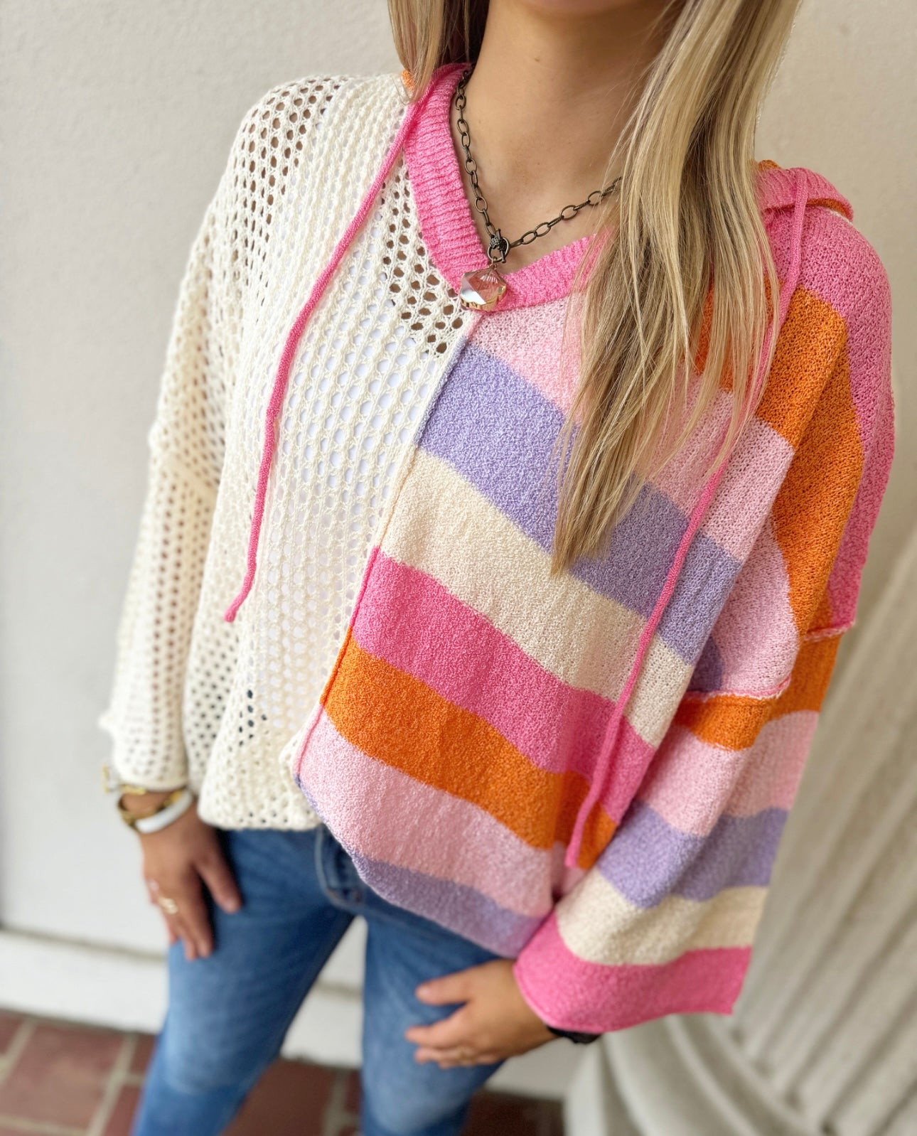 HOODED PATCHWORK TOP- PINK