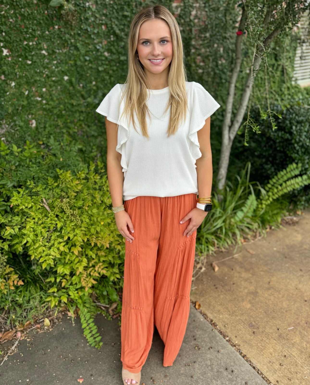 SMOCKED WAIST PANTS- BURNT ORANGE