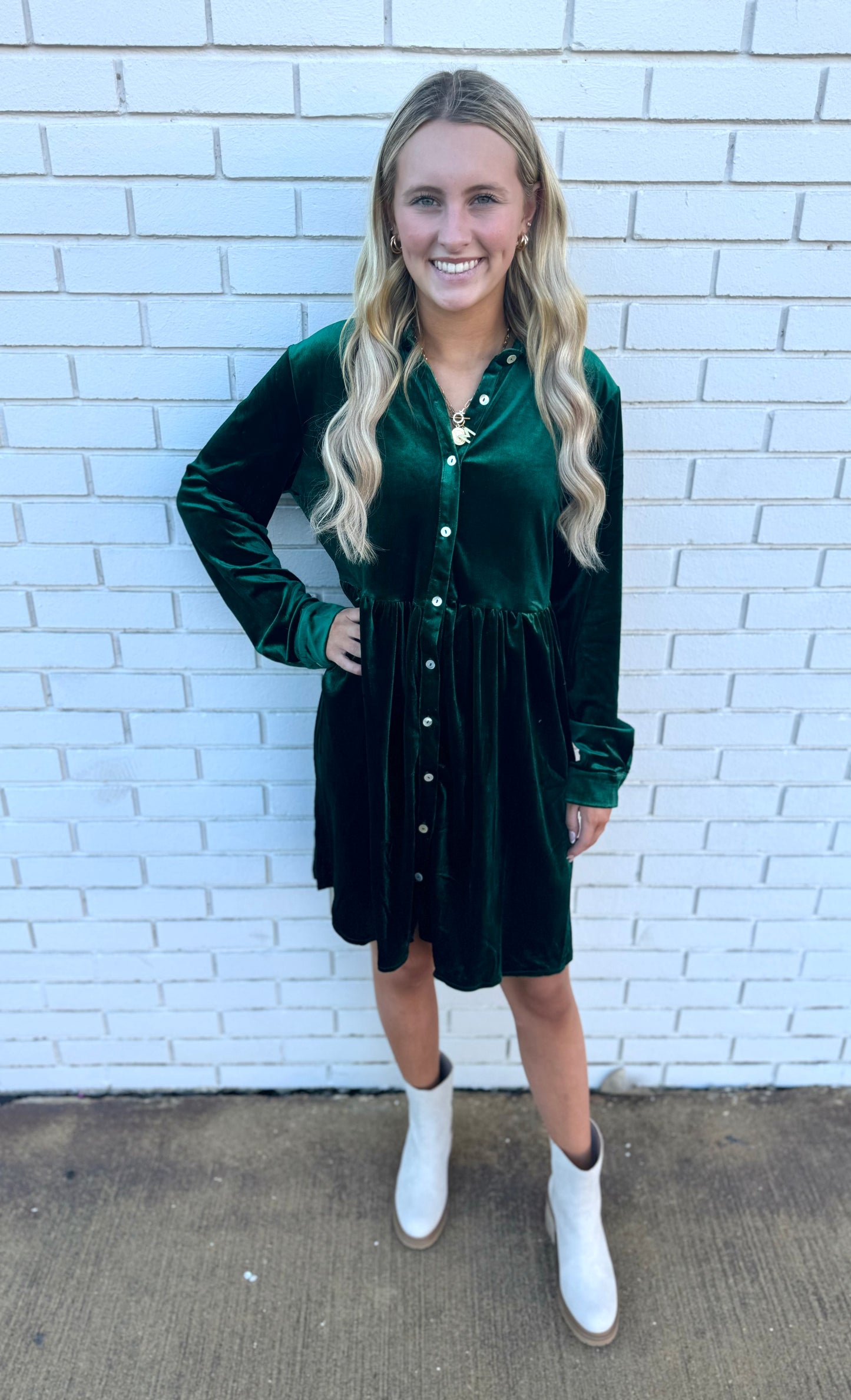 EMERALD VELVET SMOCKED WAIST DRESS