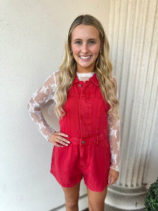 RED DENIM ROMPER