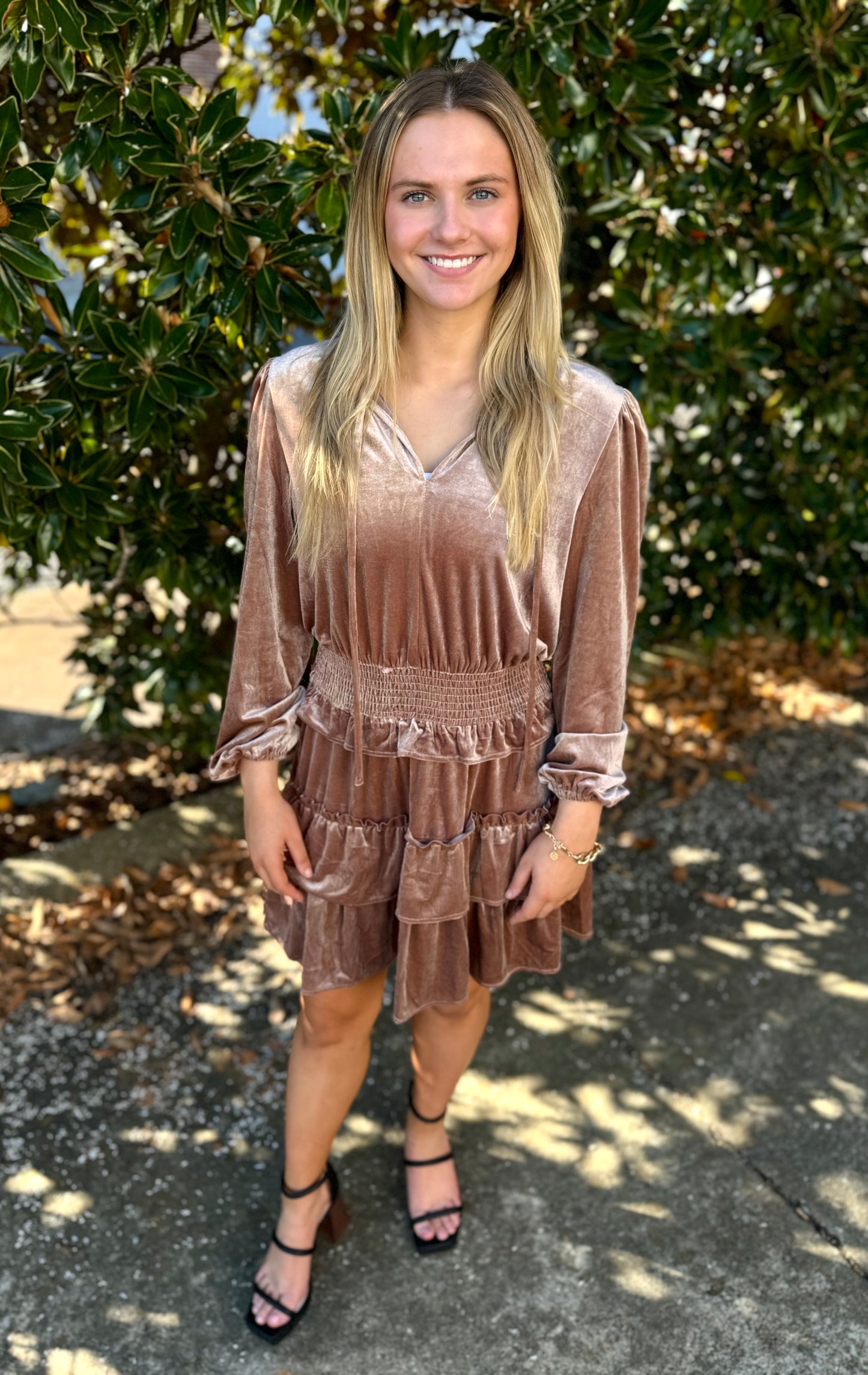 TAUPE VELVET SMOCKED WAIST DRESS