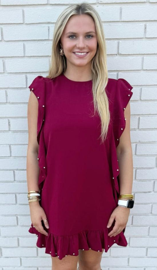 BURGUNDY RUFFLE EMBELLISHED DRESS