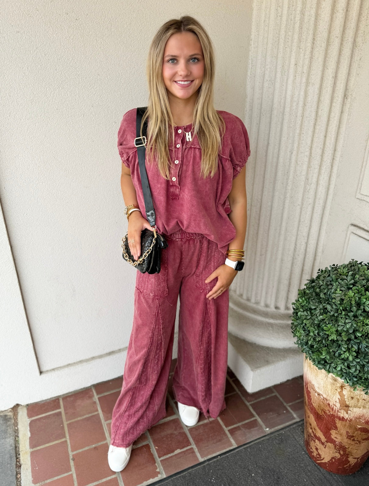 BURGUNDY MINERAL WASH FLARE PANT