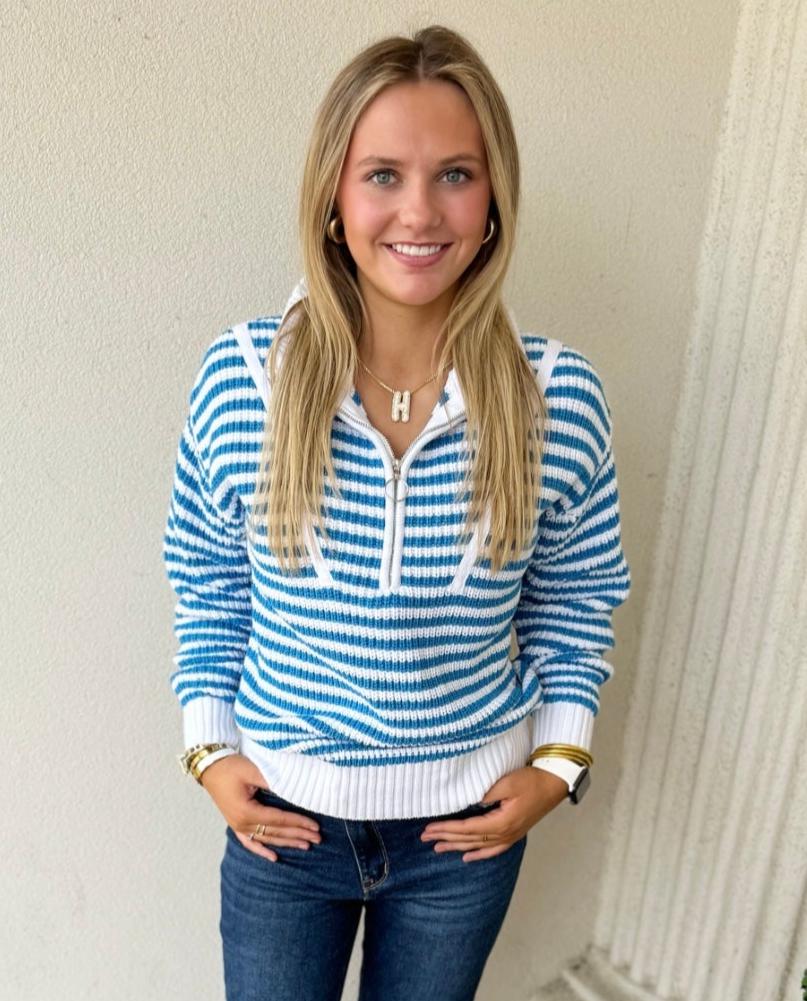 BLUE/WHT ZIP SWEATER