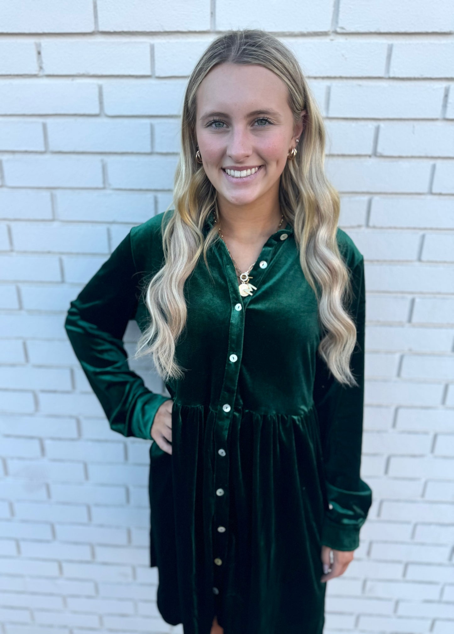 EMERALD VELVET SMOCKED WAIST DRESS