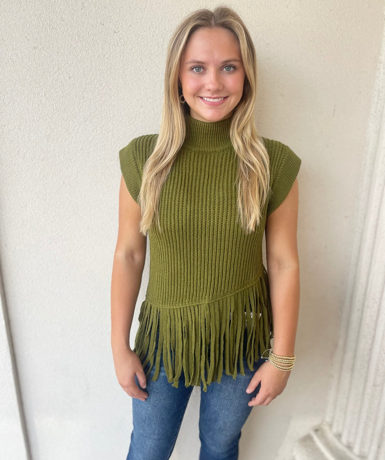 FRINGE TURTLENECK SWEATER: OLIVE