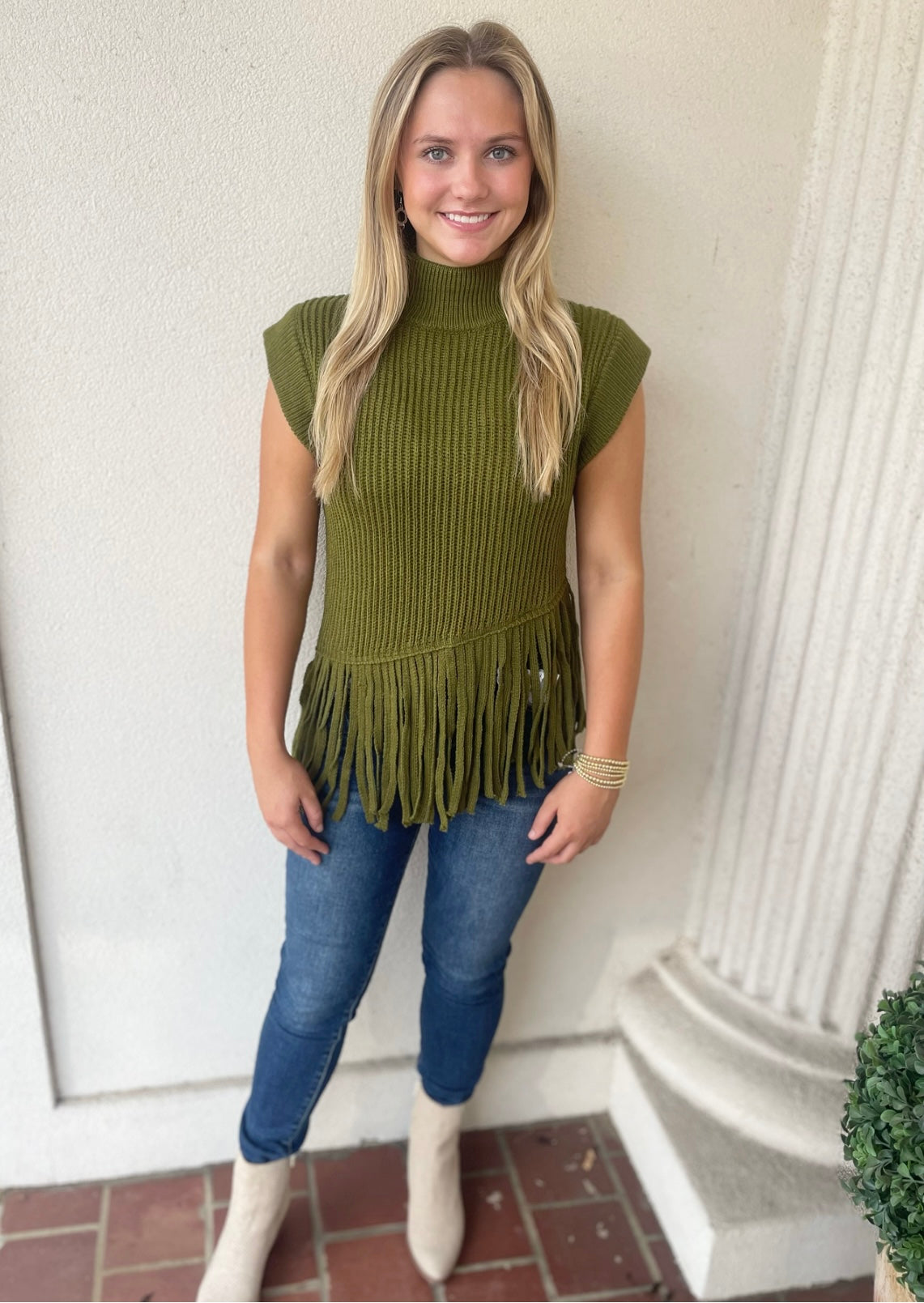 FRINGE TURTLENECK SWEATER: OLIVE