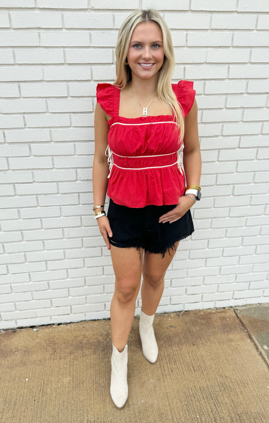 RUCHED RUFFLE STRAP TOP: RED