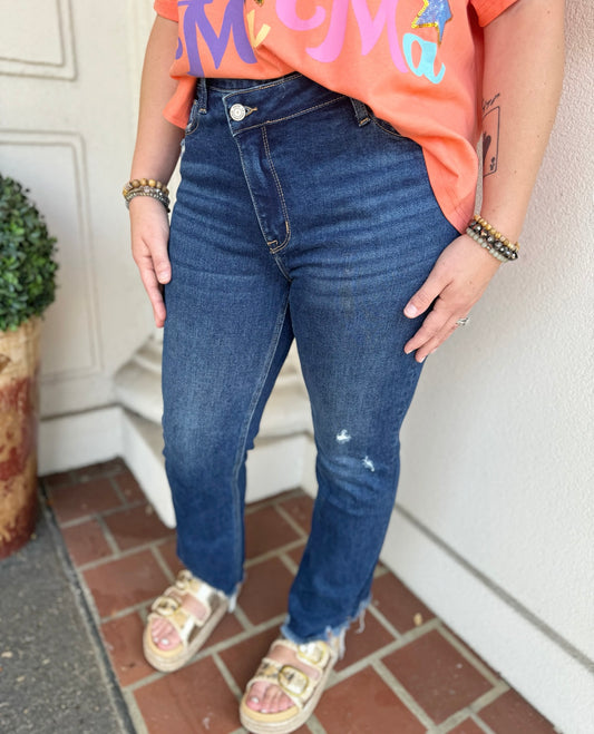 CROSSOVER WAISTBAND KICK FLARE JEANS