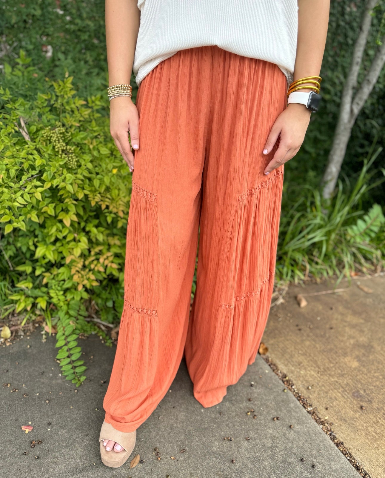 SMOCKED WAIST PANTS- BURNT ORANGE