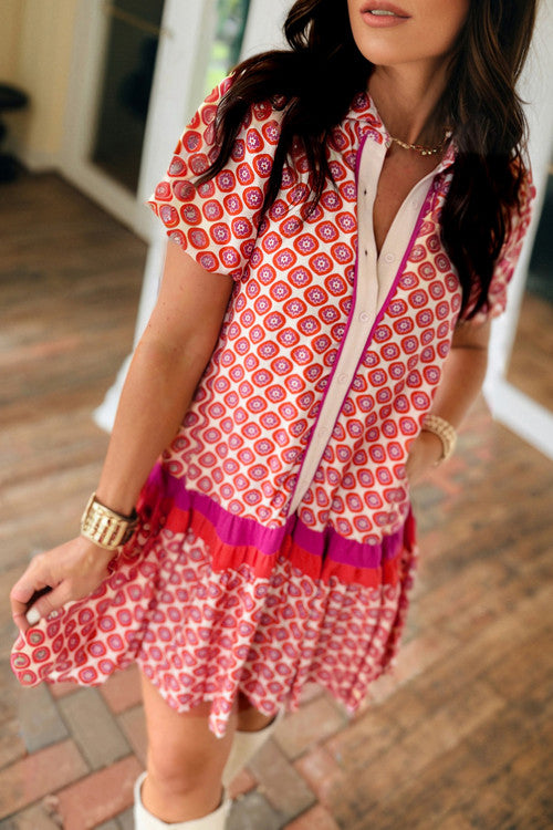 RED FLORAL COLOR BLOCK TRIM DRESS