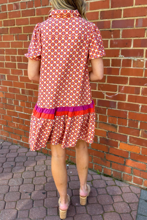 RED FLORAL COLOR BLOCK TRIM DRESS