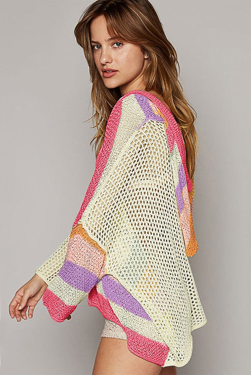 HOODED PATCHWORK TOP- PINK