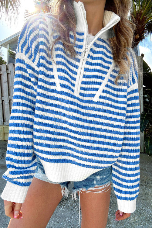 BLUE/WHT ZIP SWEATER