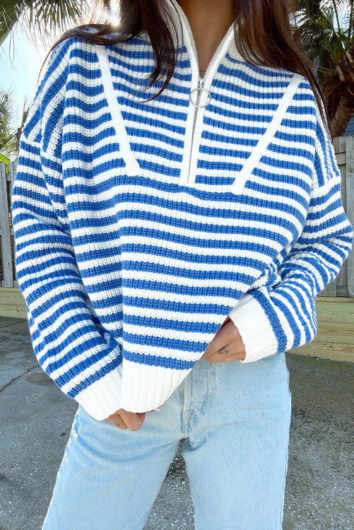 BLUE/WHT ZIP SWEATER