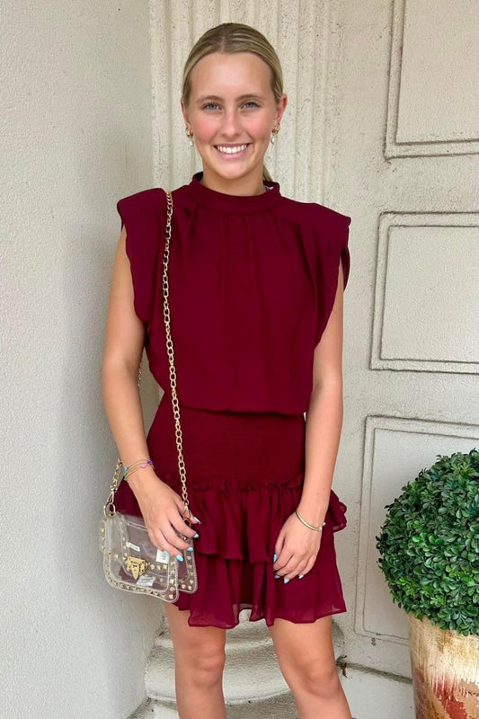 BURGUNDY SMOCK WAIST DRESS