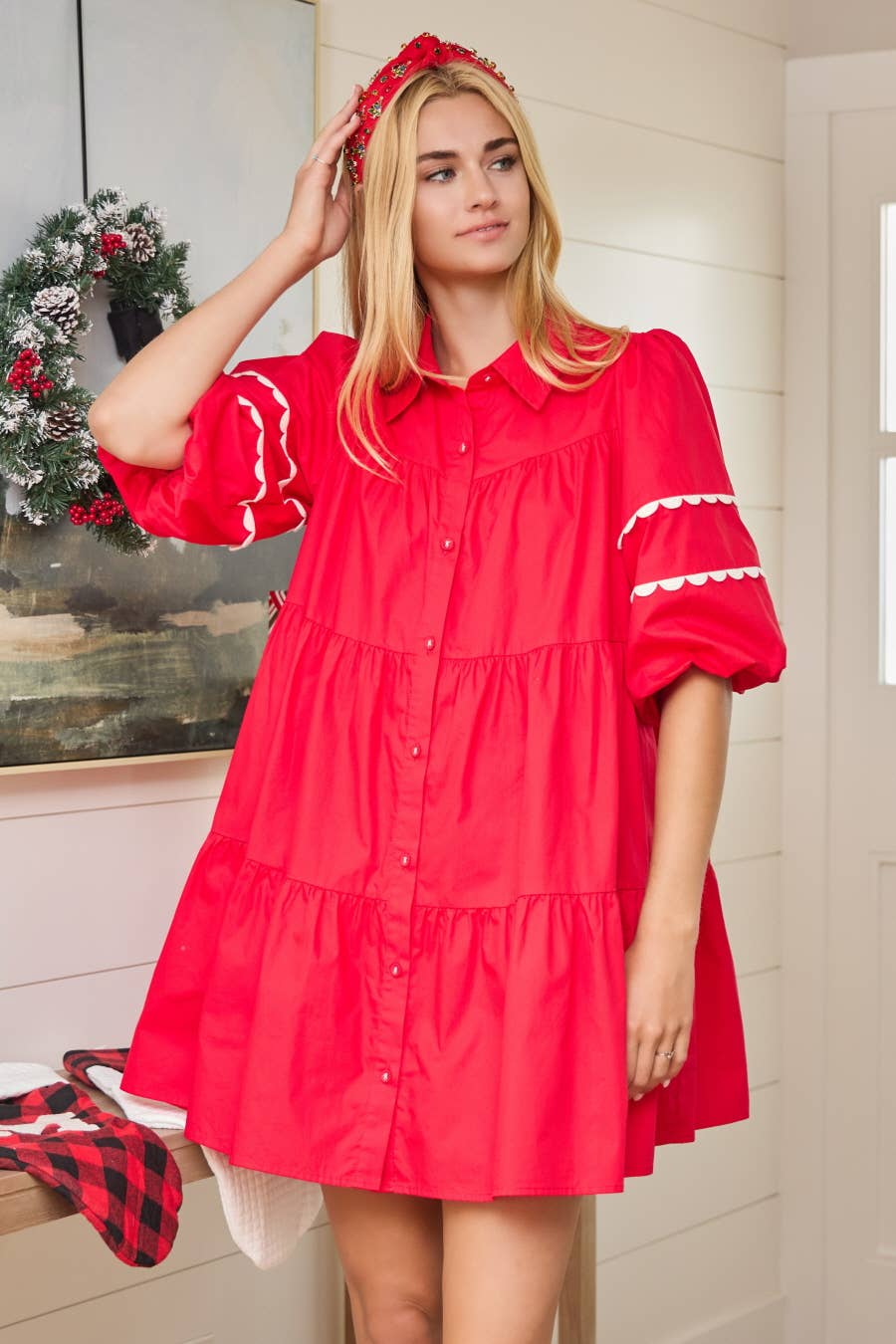 POPLIN BABY DOLL DRESS: RED