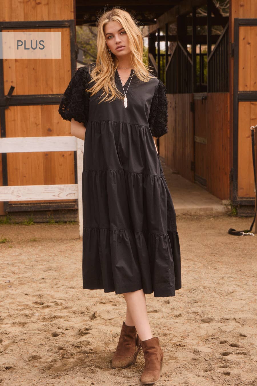 BLACK POPLIN TIERED MIDI DRESS