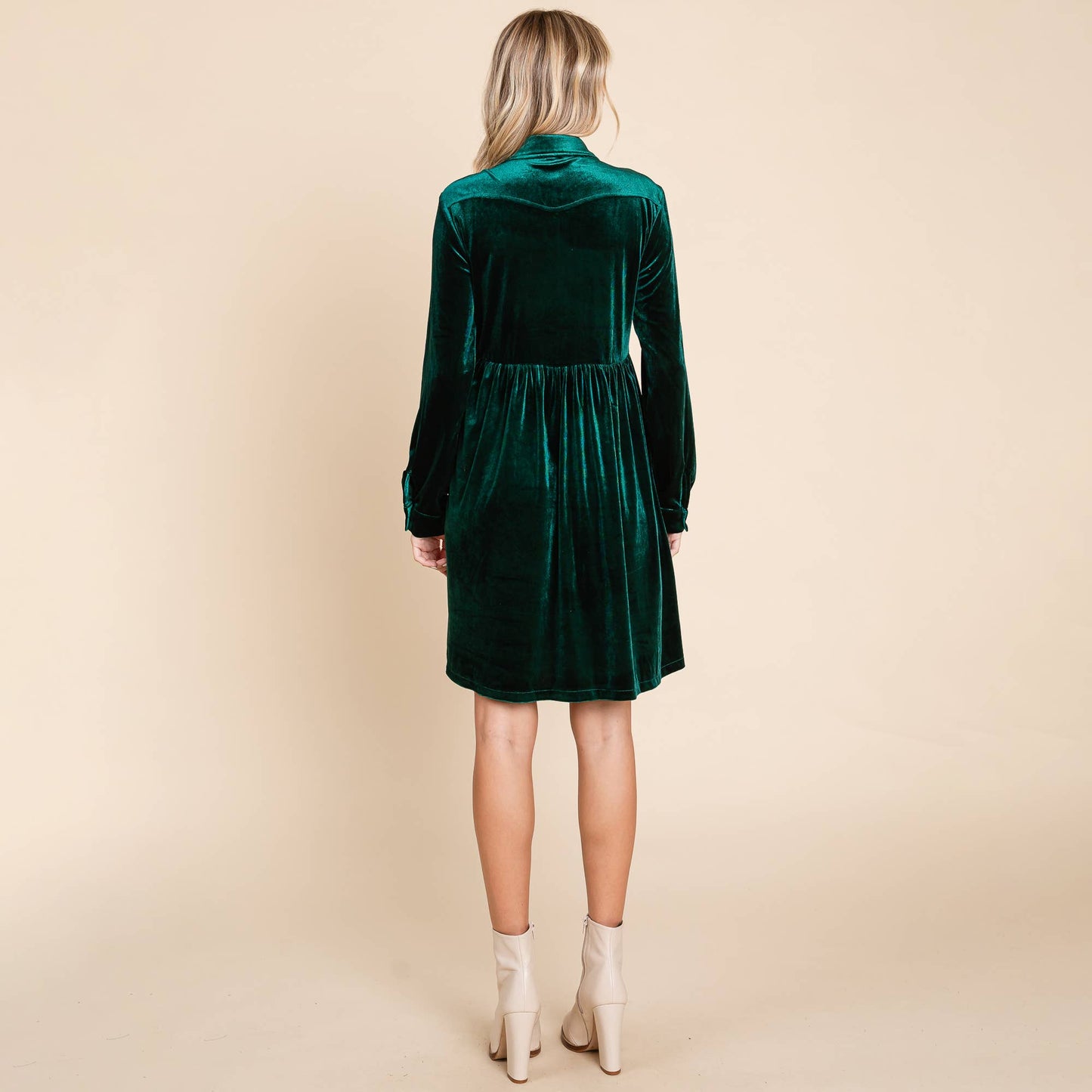 EMERALD VELVET SMOCKED WAIST DRESS