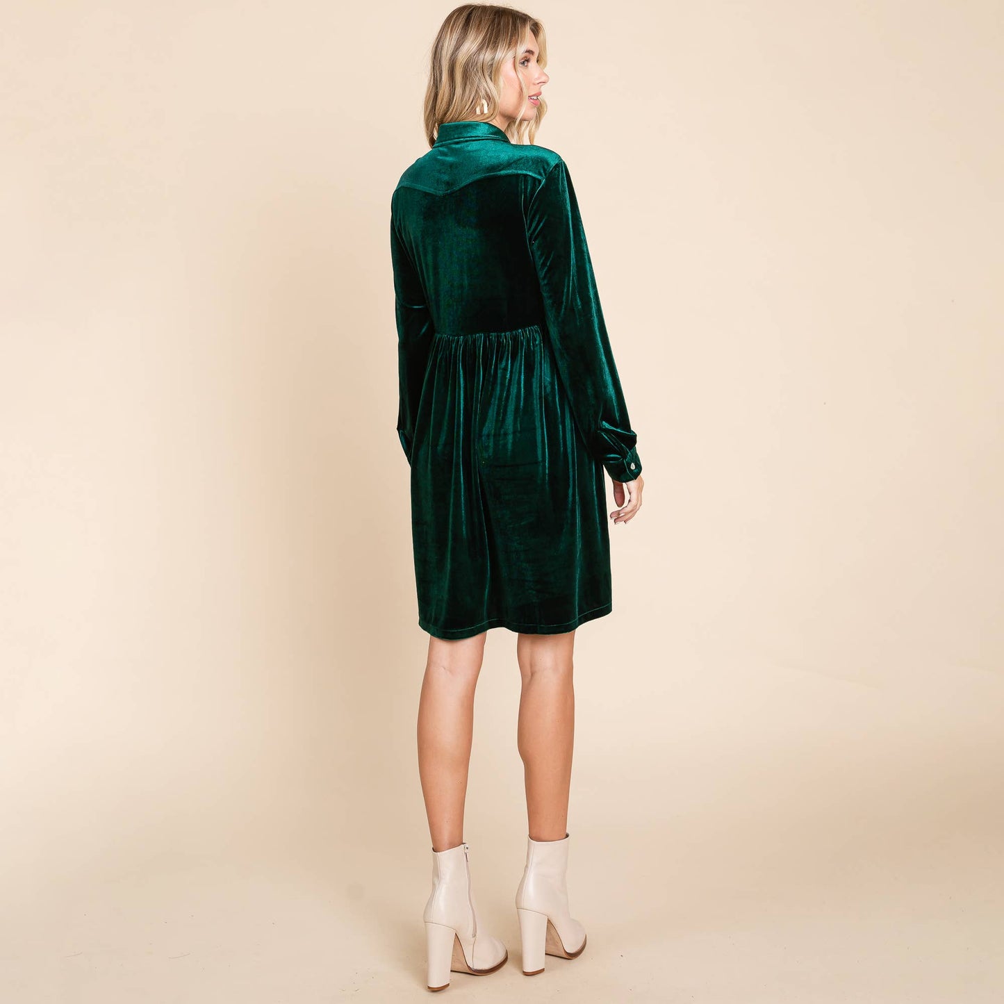 EMERALD VELVET SMOCKED WAIST DRESS