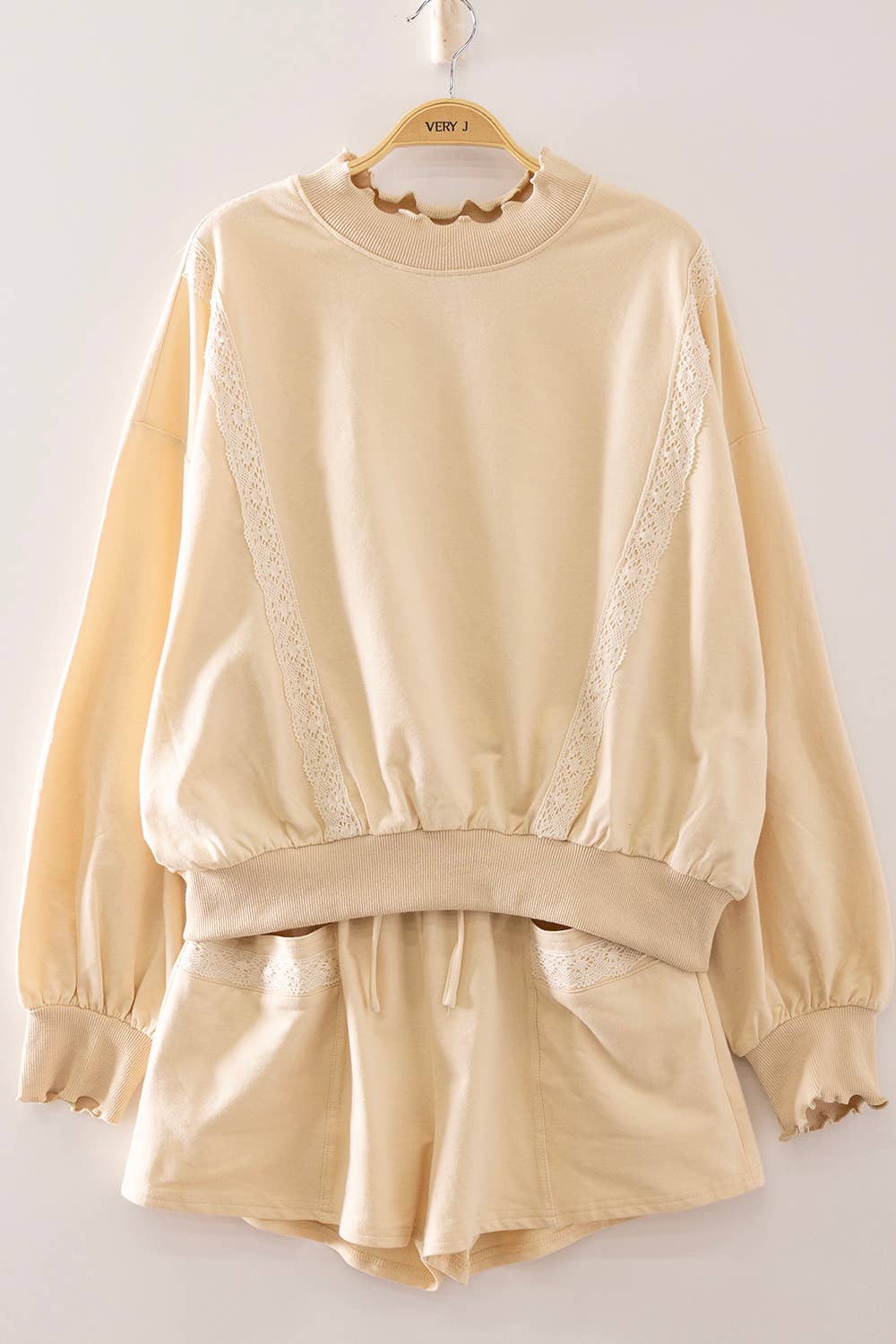 LACE TRIM SHORT SET: CREAM