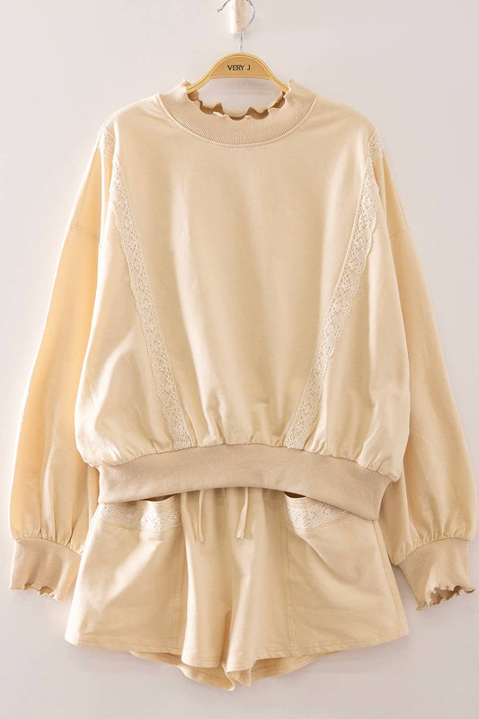 LACE TRIM SHORT SET: CREAM