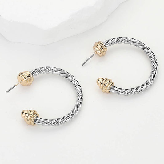 TWO TONE ROPE HOOP EARRINGS: SILVER GOLD