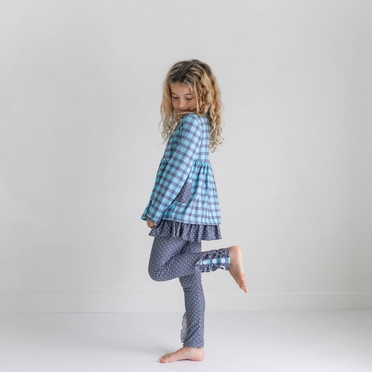 GIRLS DUSTY BLUE GINGHAM SET