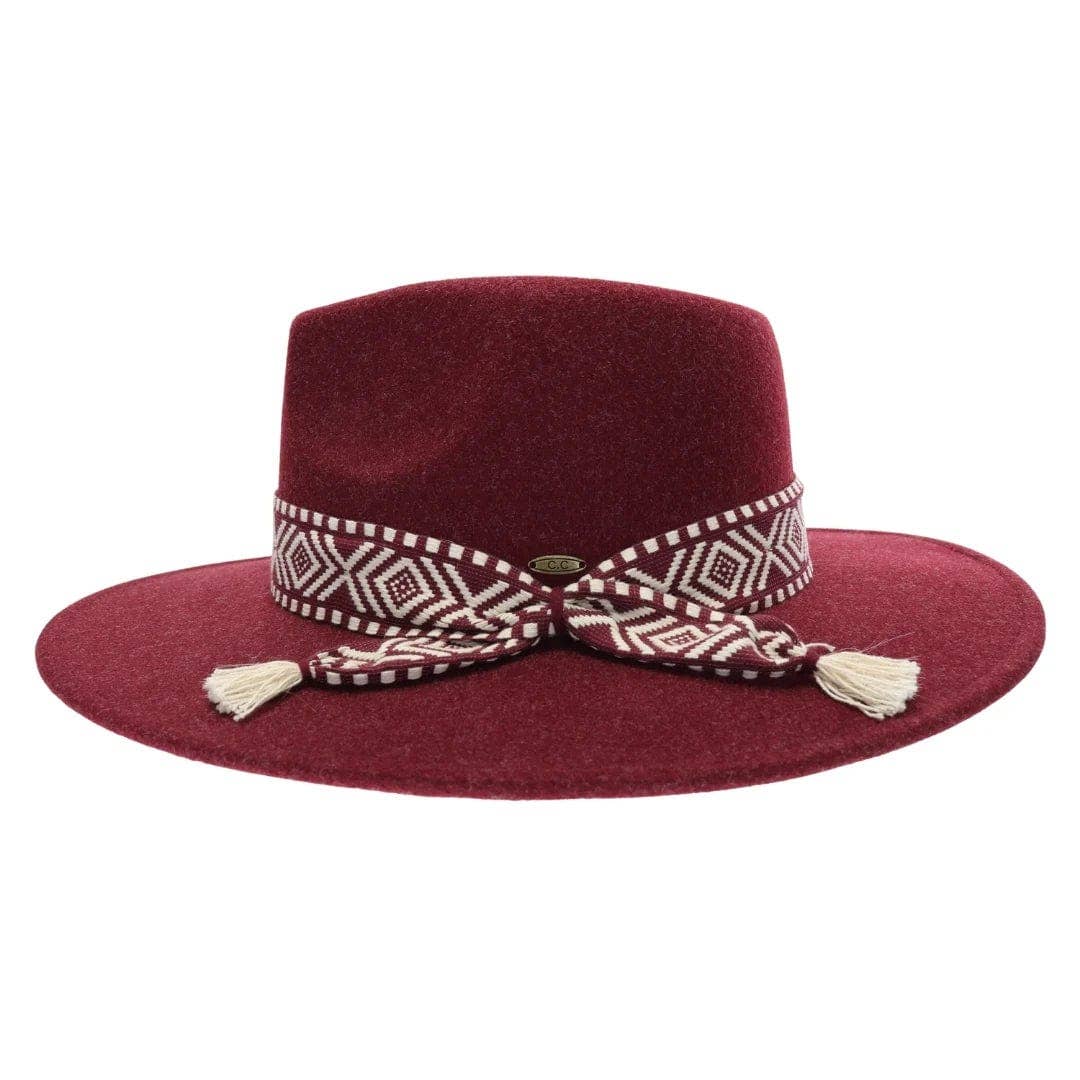 FELT PANAMA HAT W/ AZTEC TRIM: WINE