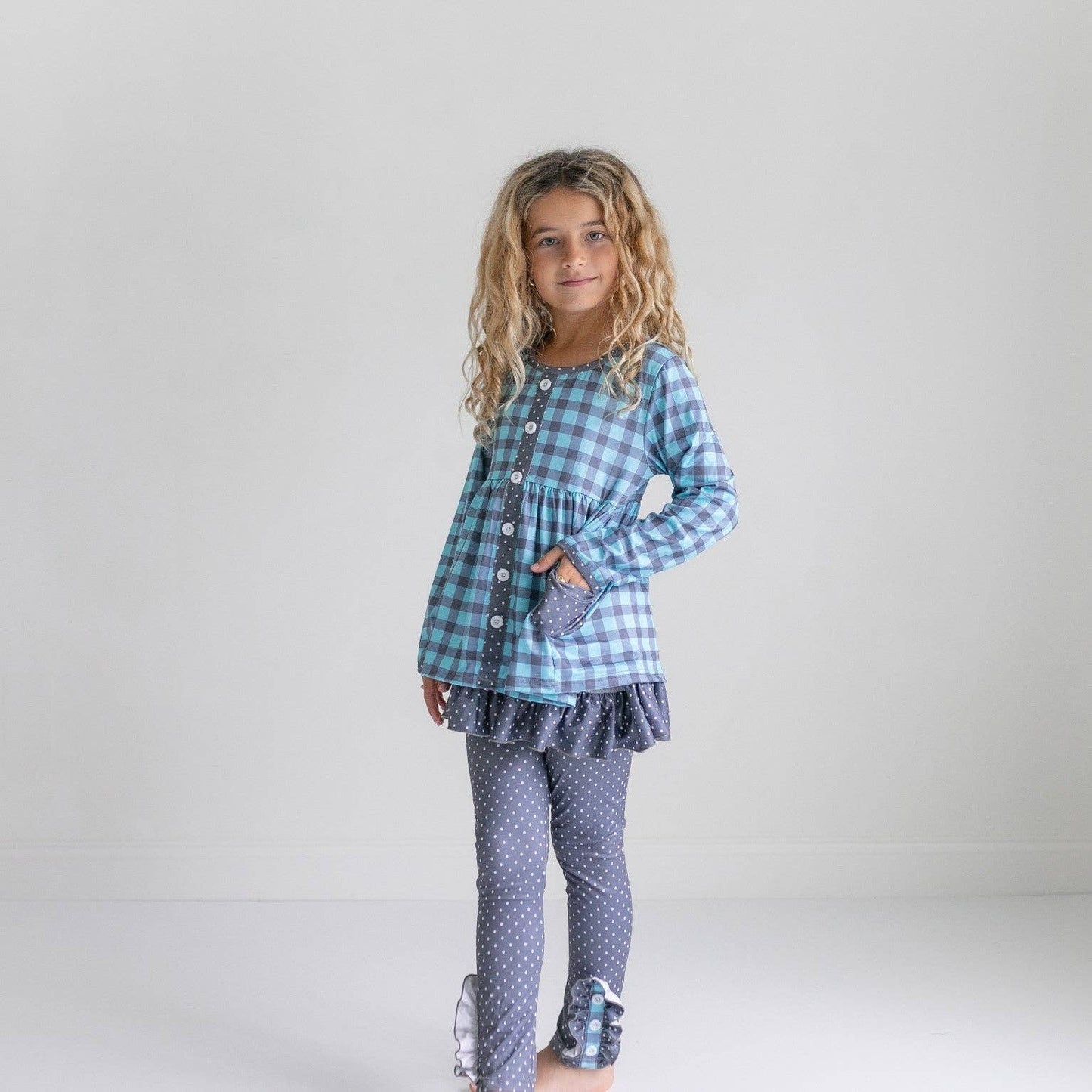 GIRLS DUSTY BLUE GINGHAM SET