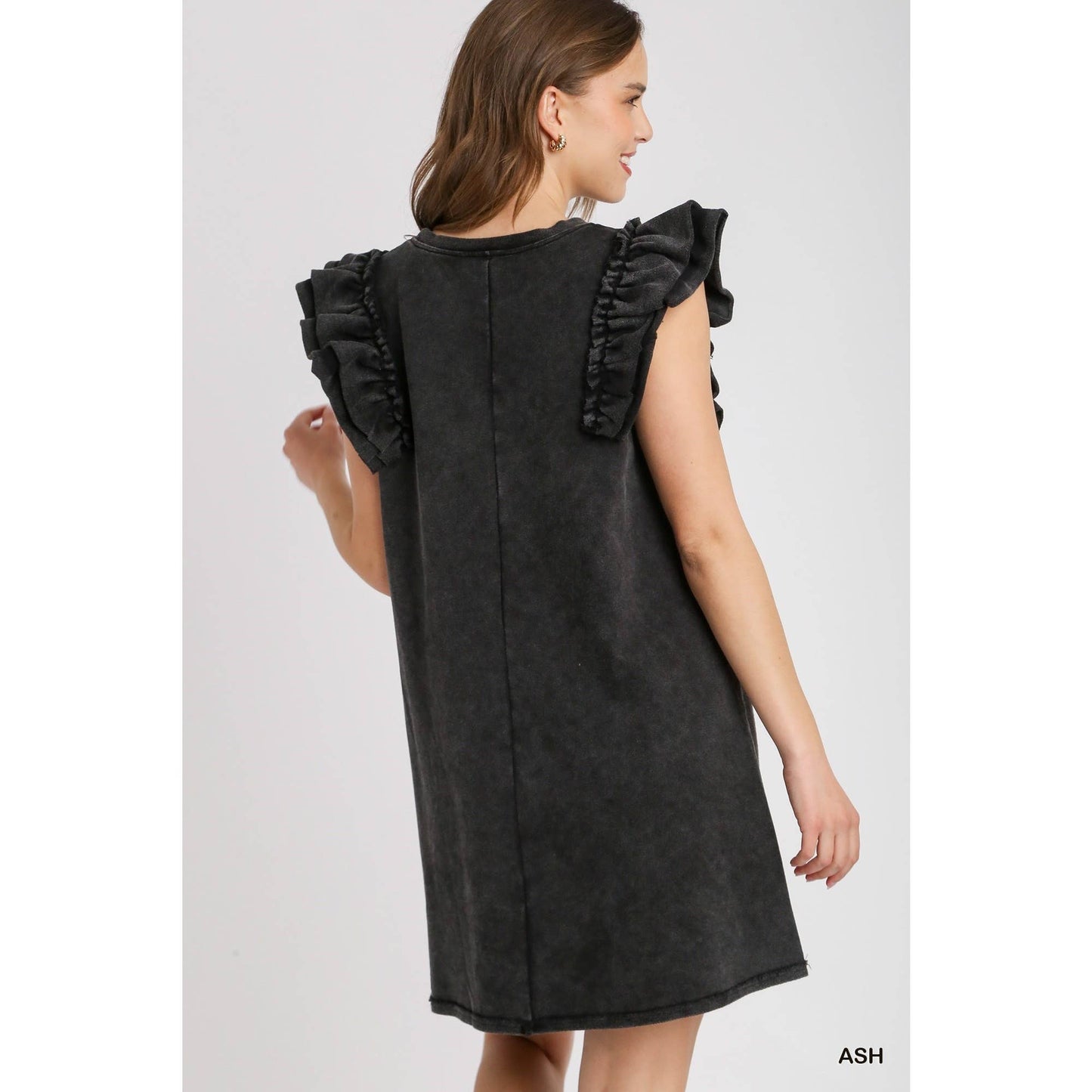 MINERAL WASH RUFFLE DRESS: ASH