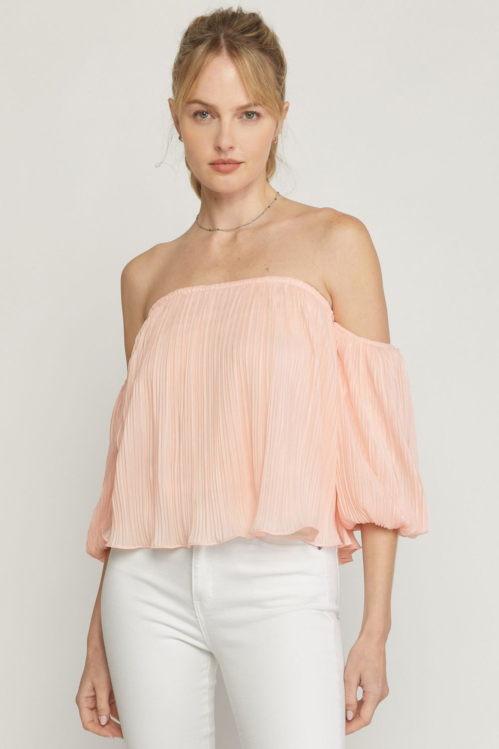 BLUSH PLEATED OFF SHOULDER TOP