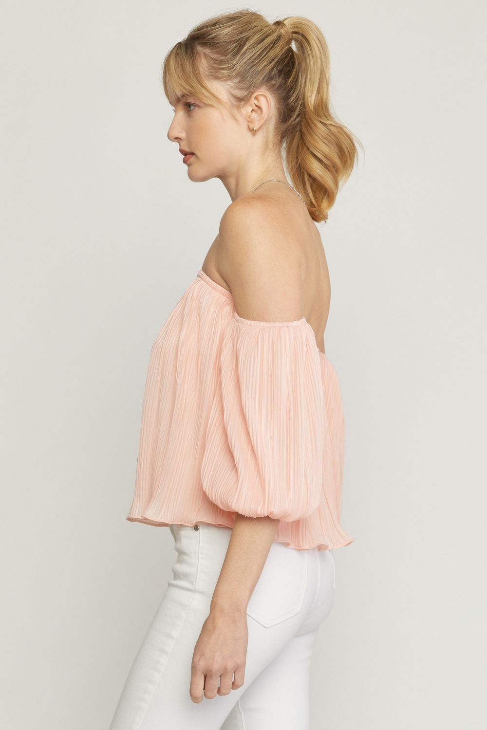 BLUSH PLEATED OFF SHOULDER TOP