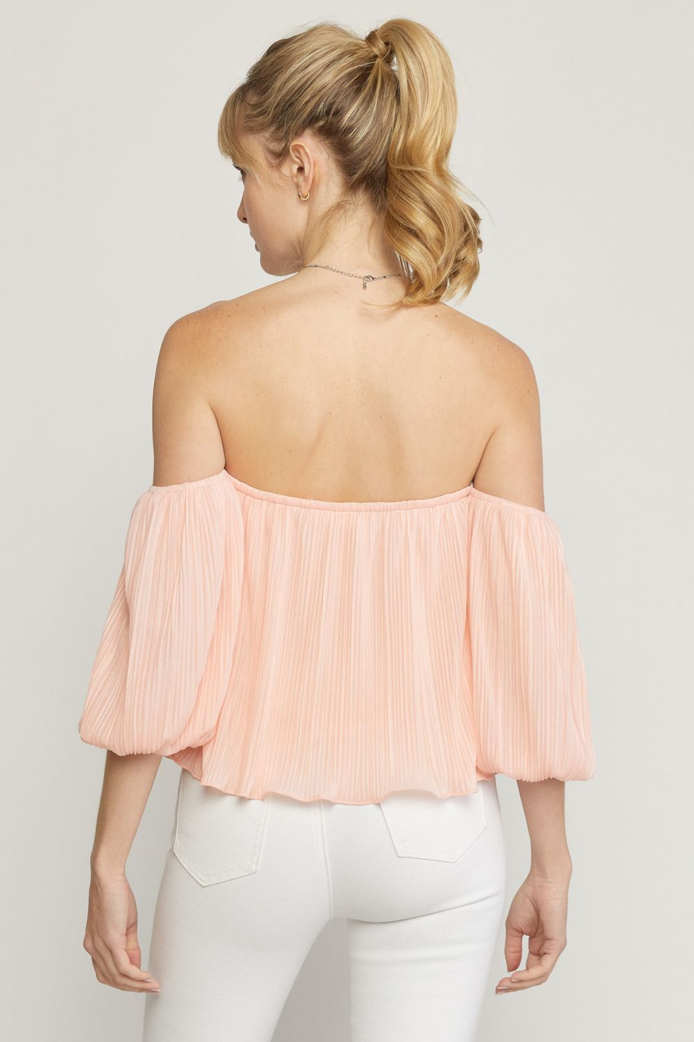 BLUSH PLEATED OFF SHOULDER TOP
