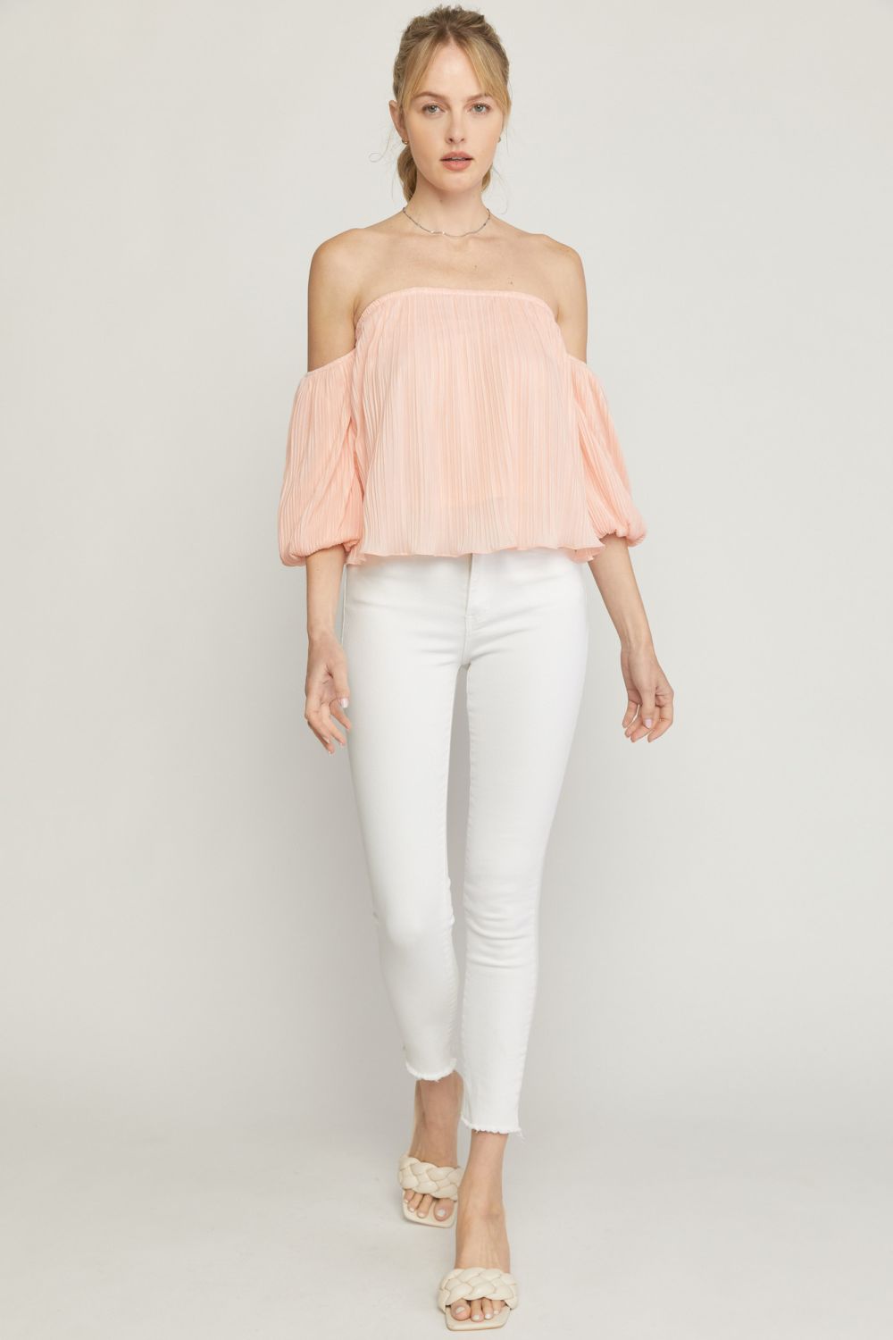 BLUSH PLEATED OFF SHOULDER TOP
