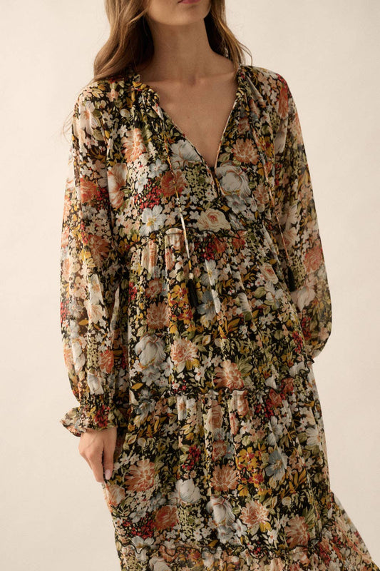 FLORAL VNECK CHIFFON MIDI DRESS: BLACK