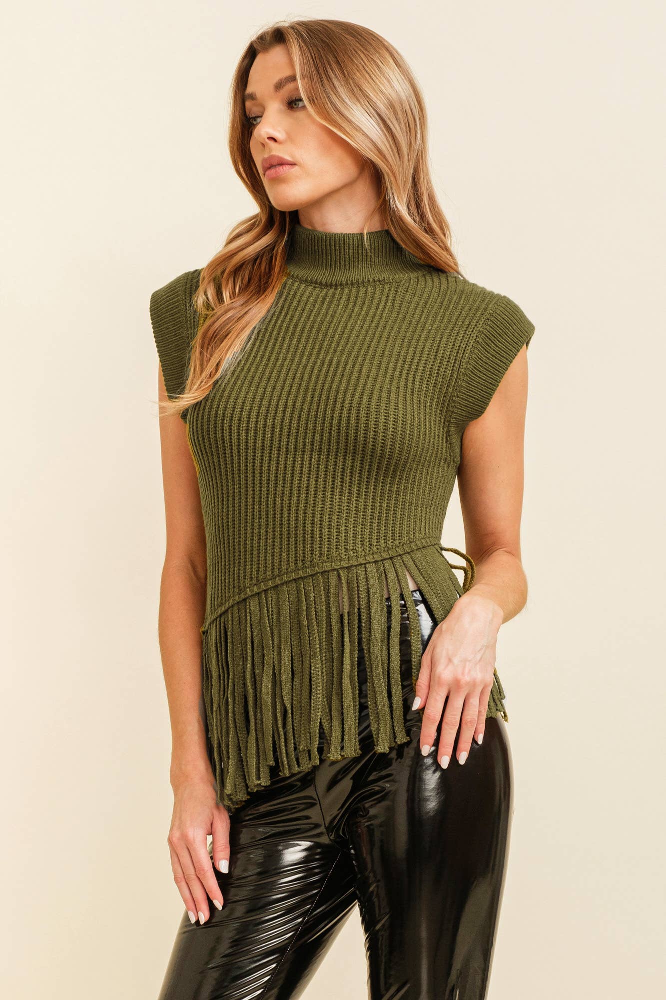 FRINGE TURTLENECK SWEATER: OLIVE