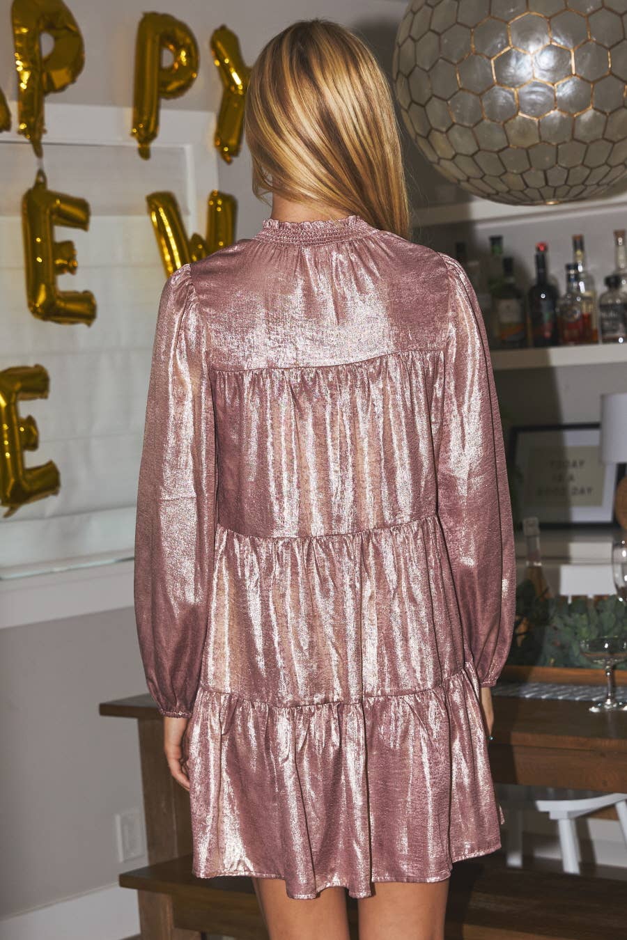 FOILED BABY DOLL DRESS: MAUVE