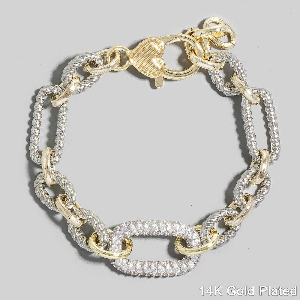 GOLD PLATED TWO TONE PAVE CHAIN LINK BRACELET: GOLD