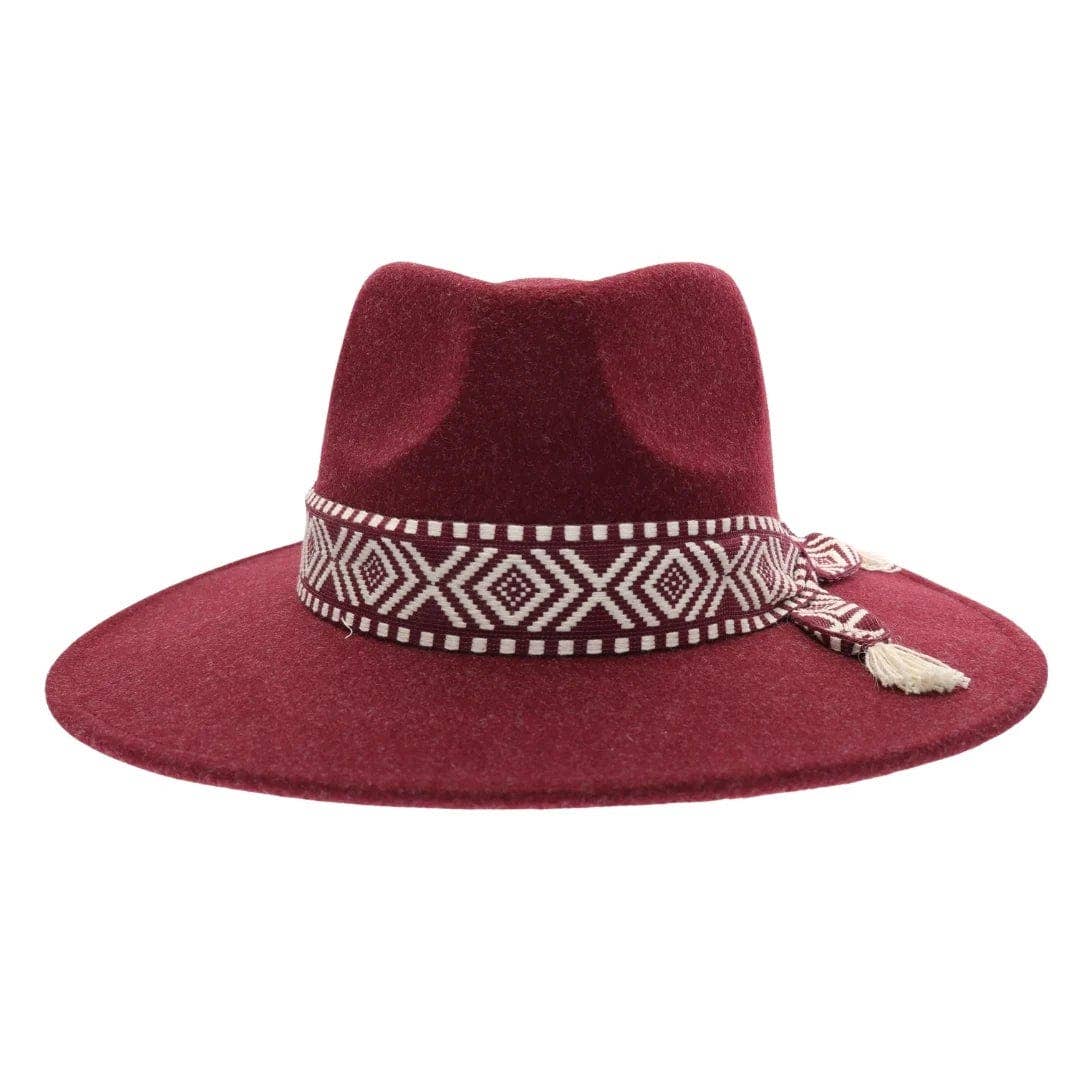 FELT PANAMA HAT W/ AZTEC TRIM: WINE