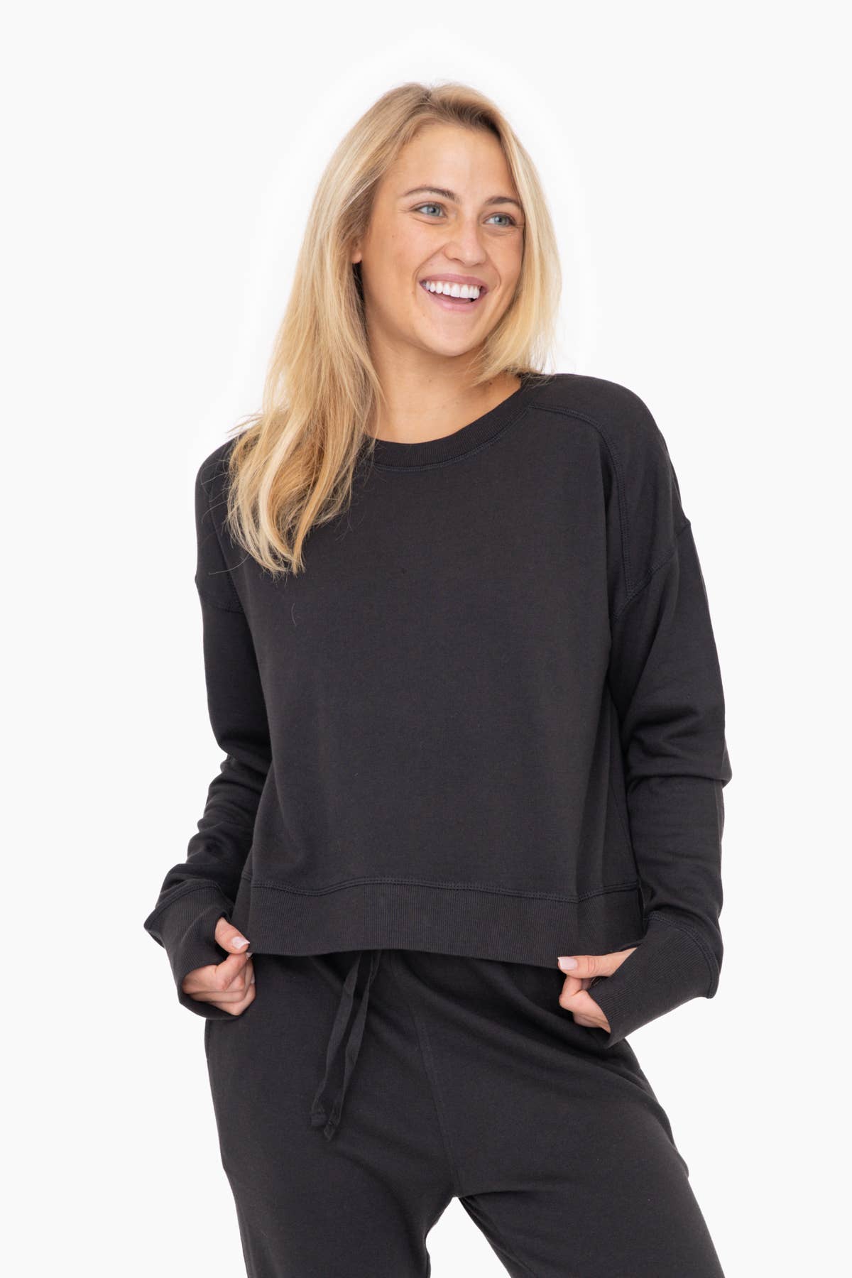 MONO B COTTON CREW NECK TOP: BLACK