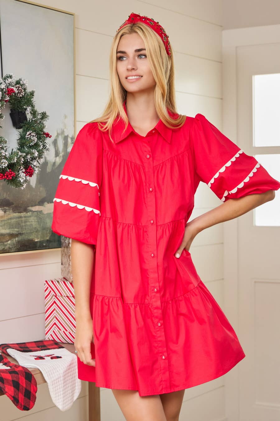 POPLIN BABY DOLL DRESS: RED