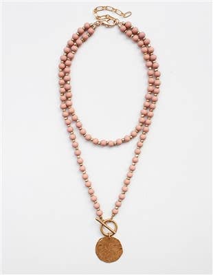 PINK BEADED NECKALCE W/ GOLD COIN