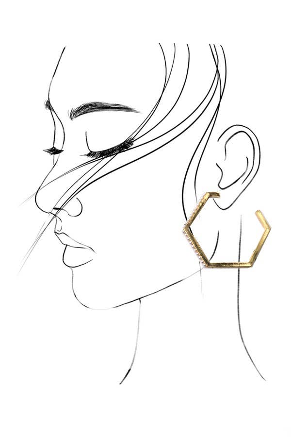 HEXAGON PEARL HOOP EARRINGS: GOLD