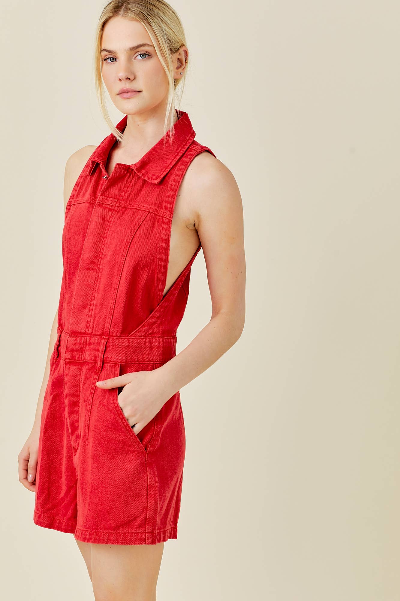 RED DENIM ROMPER