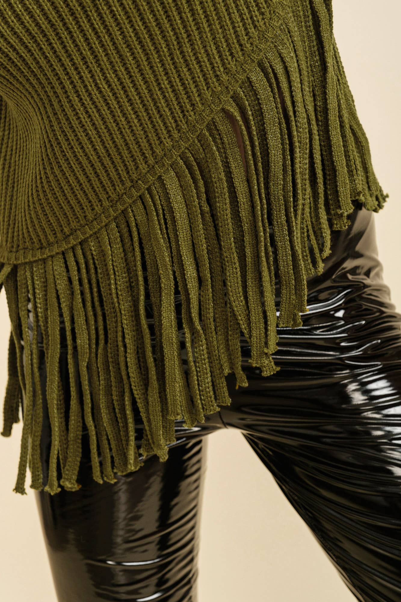 FRINGE TURTLENECK SWEATER: OLIVE