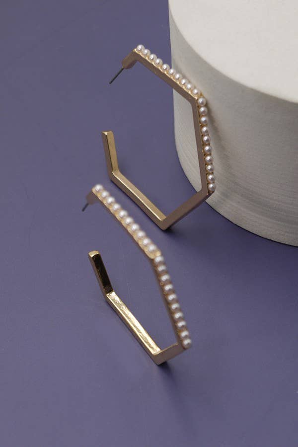 HEXAGON PEARL HOOP EARRINGS: GOLD