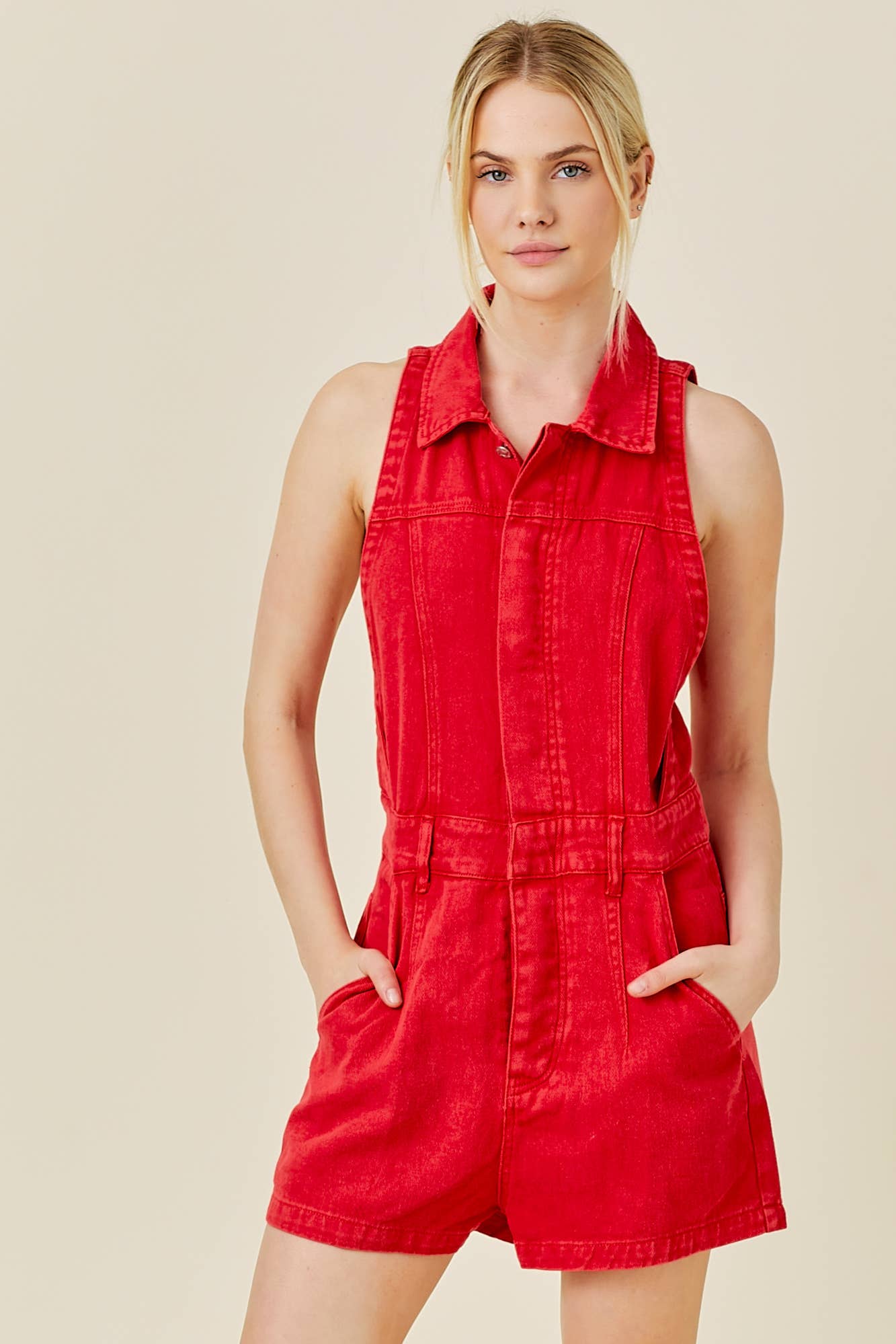 RED DENIM ROMPER