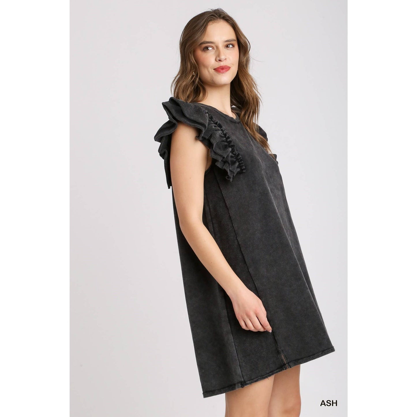 MINERAL WASH RUFFLE DRESS: ASH