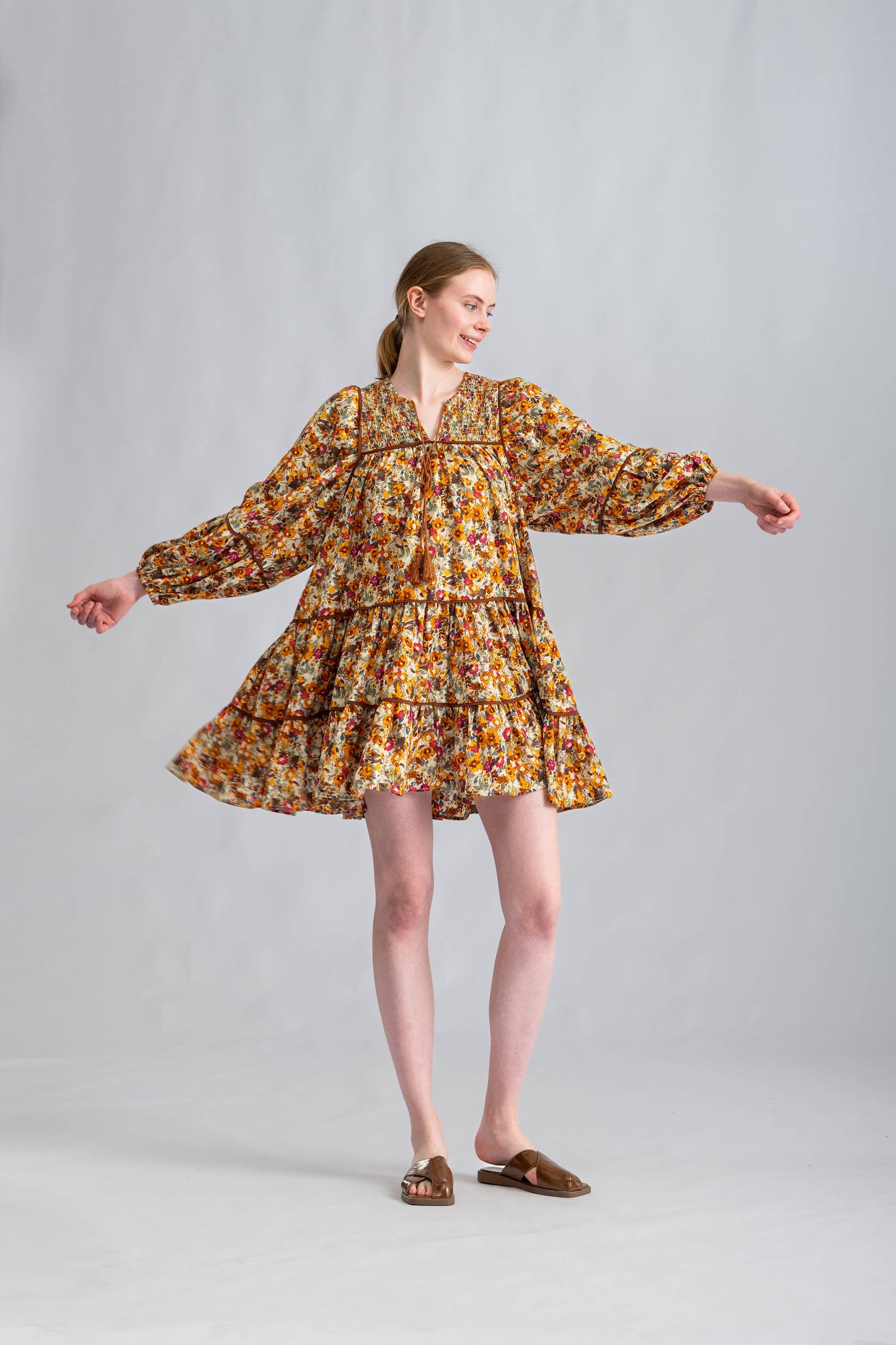 RUST FLORAL BALLOON SLEEVE DRESS